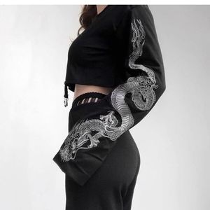 Dragon Embroidery Crop Top Loose Sweatshirt
